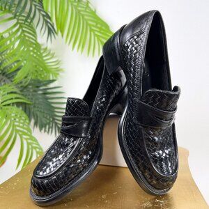 Vintage Bass 90s Grunge Academia Classy Black Leather Weave Heel Loafers / 5